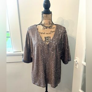 Anthropologie Shimmery Taupe Sequin V-Neck Top